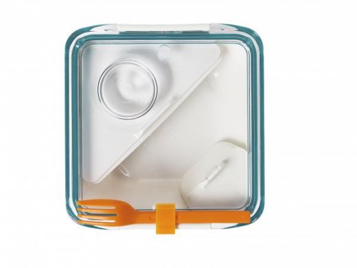 Lunch box BLACK-BLUM Apetit, bílý/modrý, oranžová vidlička