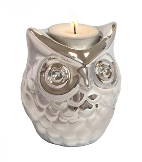 Stojan na čajovou svíčku INVOTIS Owl (keramika, chrom)