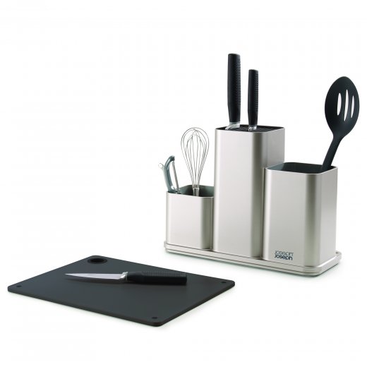 Stojan na nože a kuchyňské nástroje s krájecí deskou 3v1 JOSEPH JOSEPH CounterStore ™, stříbrný